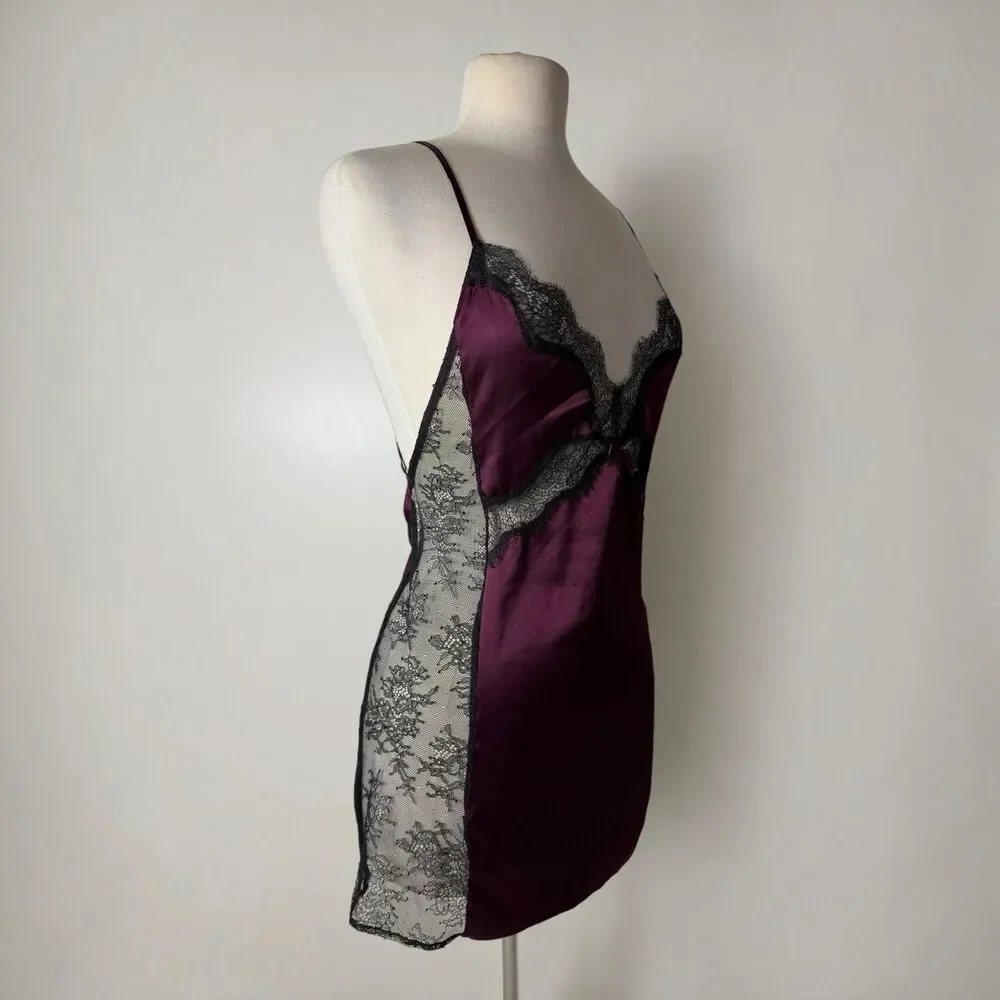 Victoria's Secret Burgundy Satin Lace Slip Dress Open Back Y2K Coquette Small